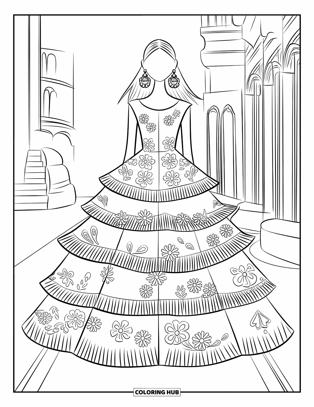 Fashion Dress Coloring Page for Kids: A dress with ruffles and floral details shines with bold earrings