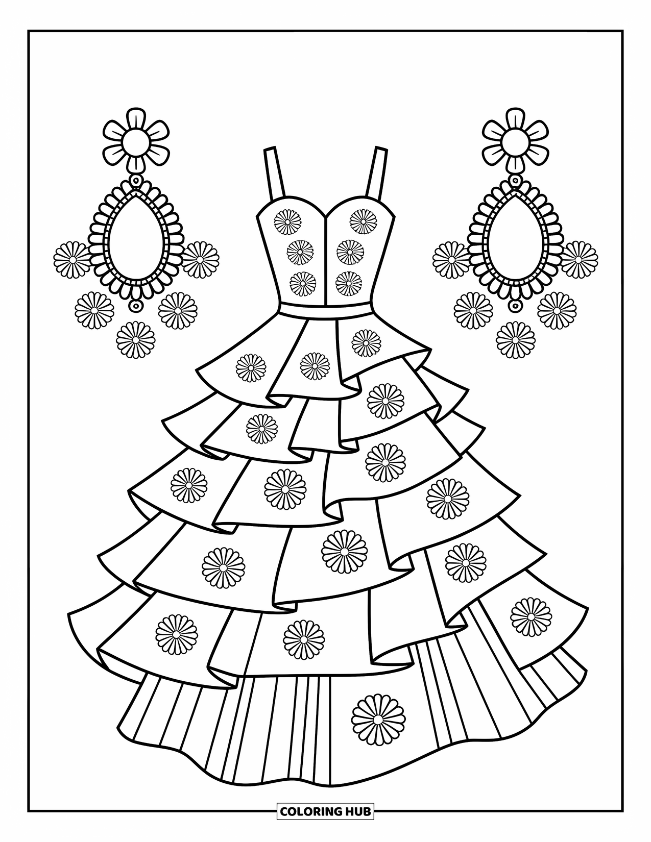 Fashion Dress Coloring Page for Kids: A dress with ruffles and floral embroidery hangs with large earrings