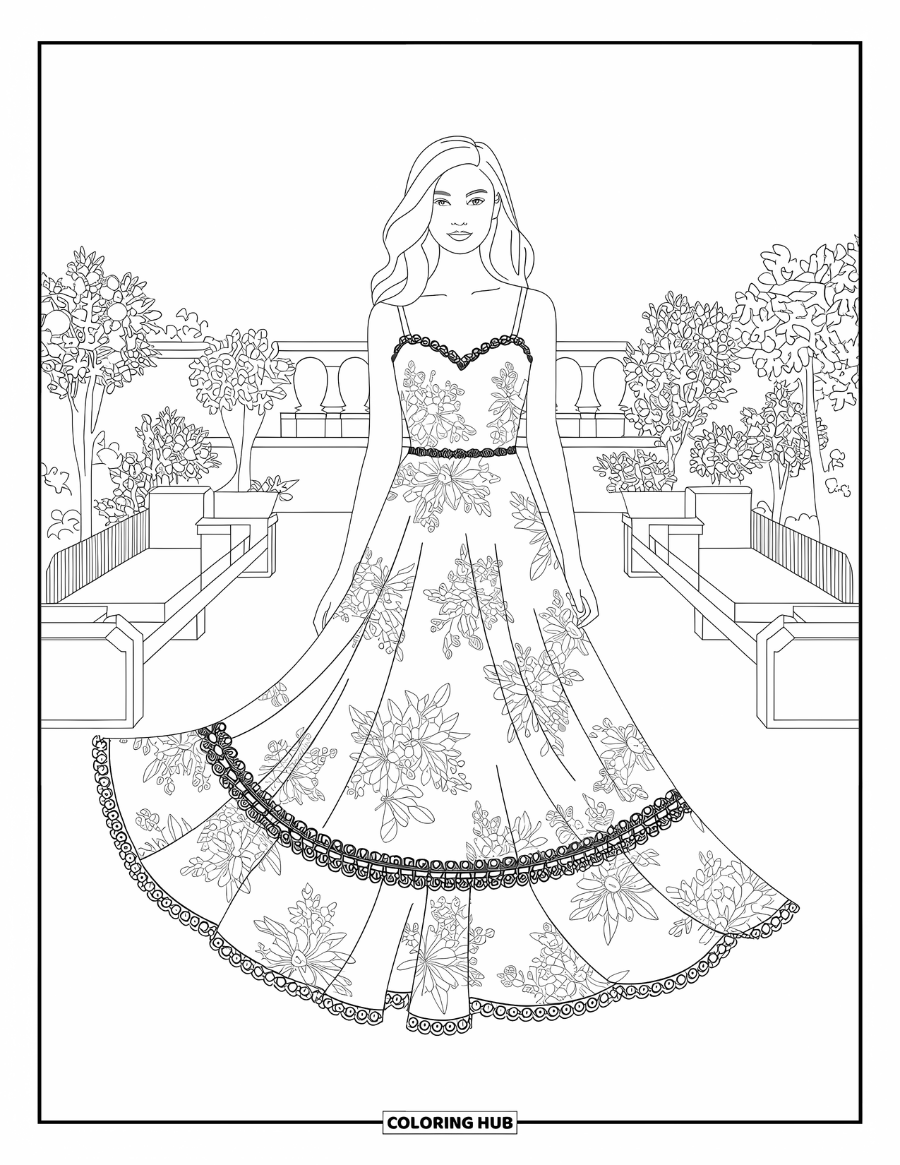 Fashion Dress Coloring Page for Kids: A floral maxi dress with lace trims stands among topiaries and string lights on a rooftop