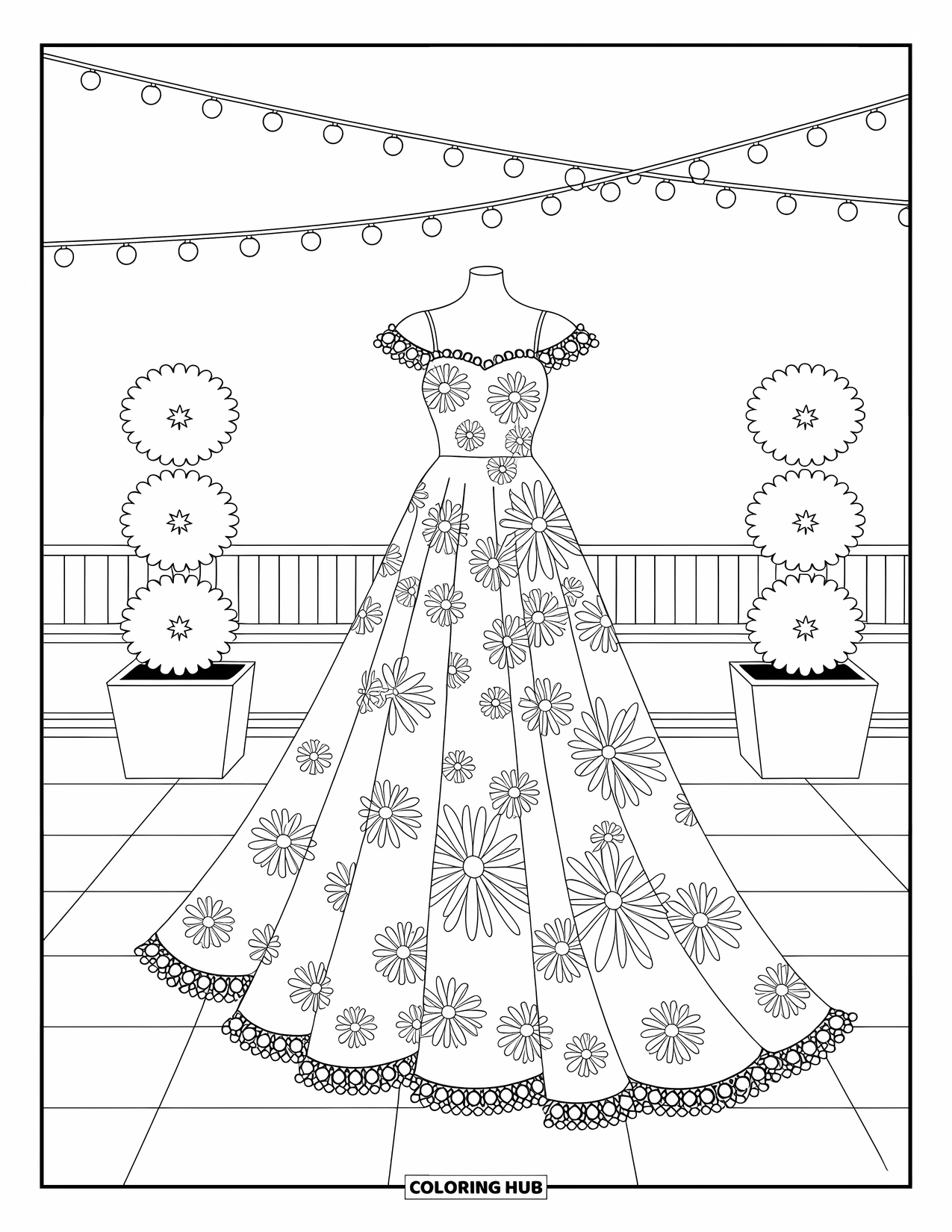 Fashion Dress Coloring Page for Kids: A floral maxi dress with lace trims stands at a chic rooftop party with city views