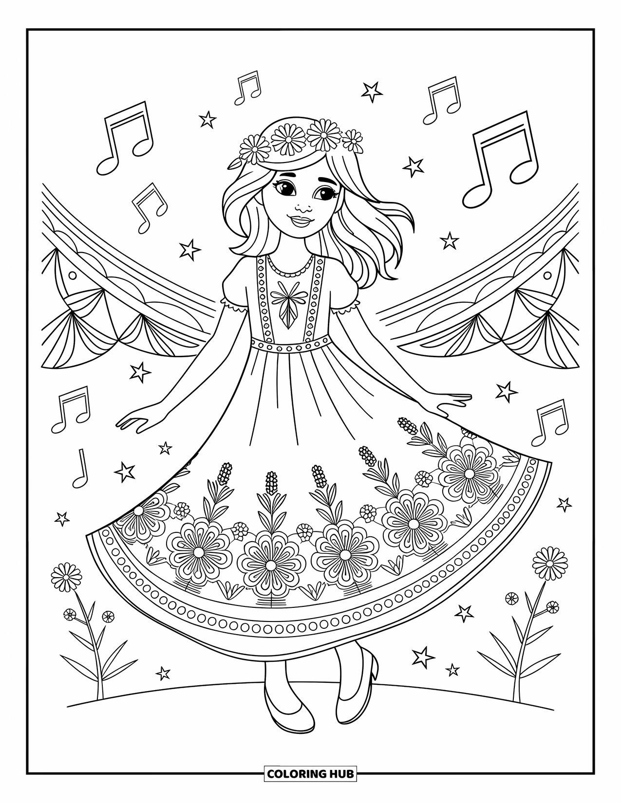 Fashion Dress Coloring Page for Kids: A girl in a boho dress stands at a festival with tents and fairy lights