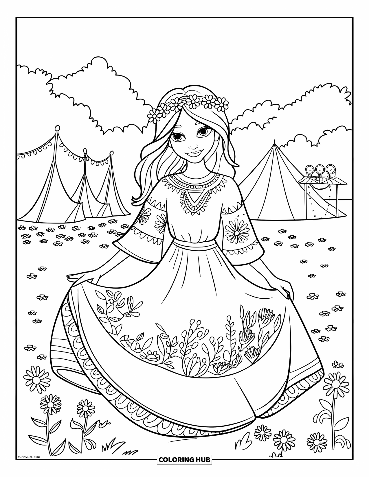 Fashion Dress Coloring Page for Kids: A girl in a boho dress with a flower crown stands by tents at a festival