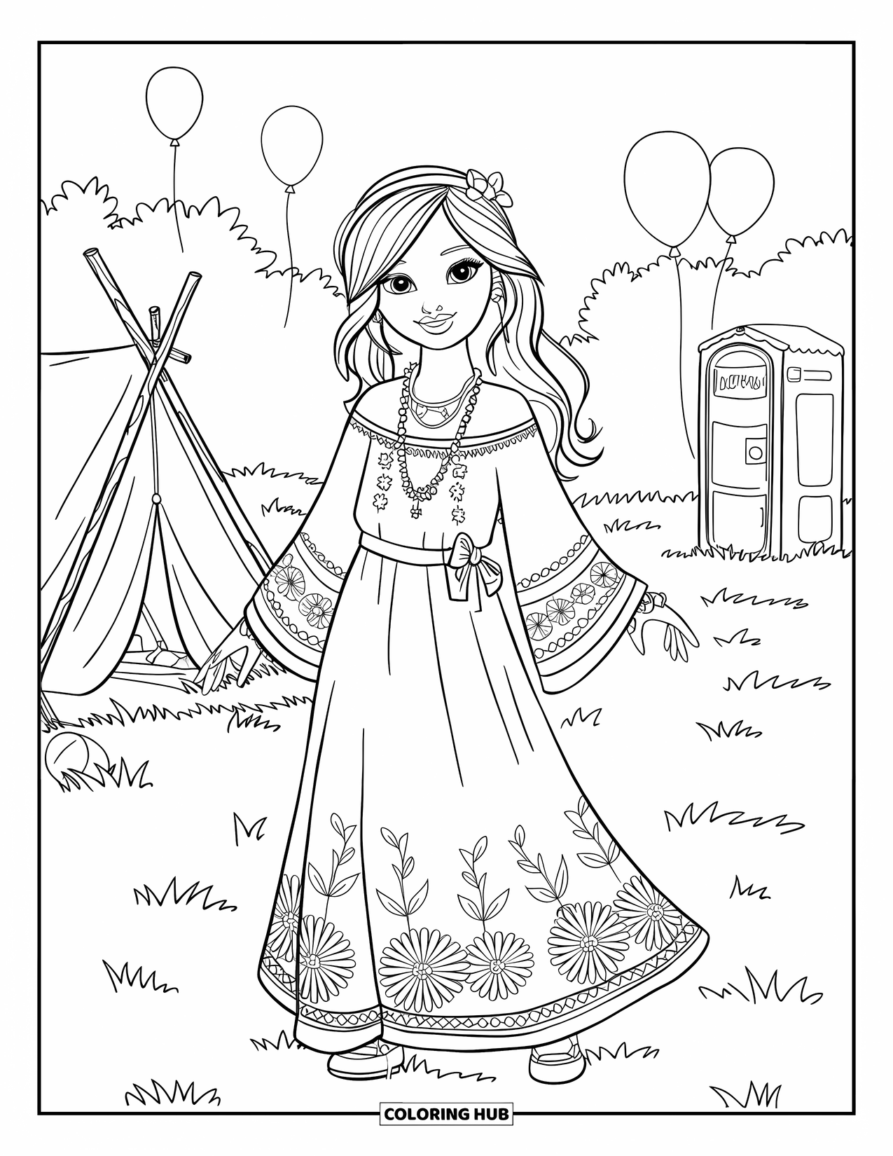 Fashion Dress Coloring Page for Kids: A girl in a boho dress with long hair stands by balloons at a music festival