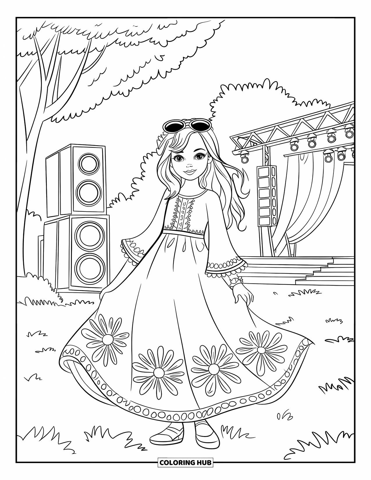 Fashion Dress Coloring Page for Kids: A girl in a boho dress with sunglasses stands at a music festival stage