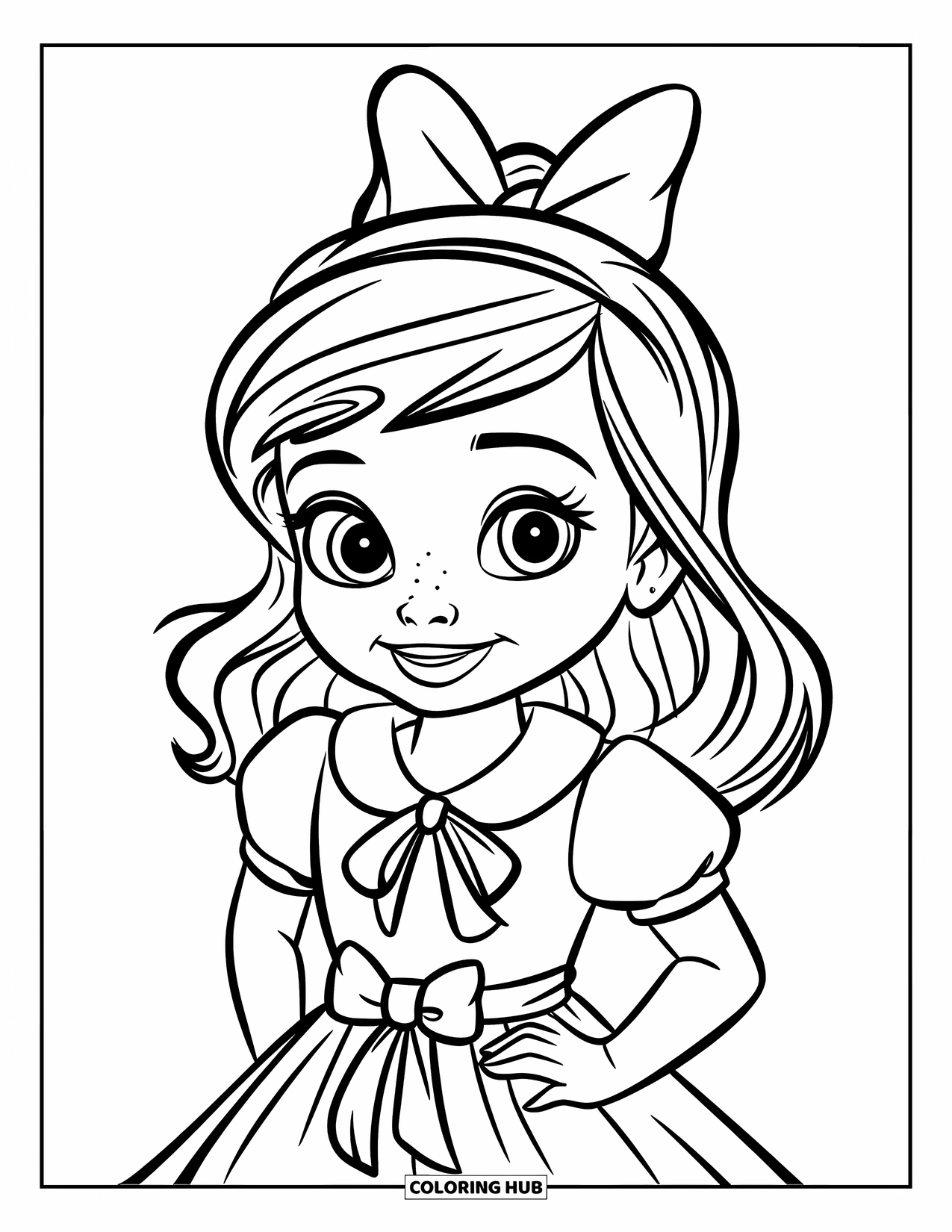 Fashion Dress Coloring Page for Kids: A girl in a bow-tie dress with big eyes stands on a white background