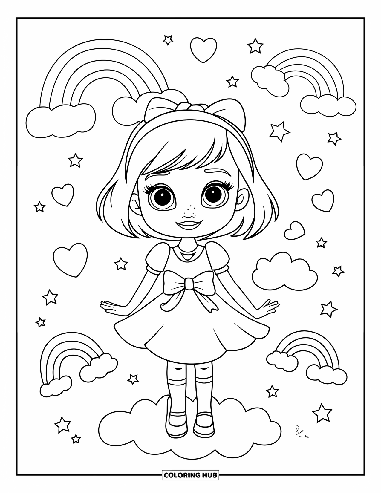 Fashion Dress Coloring Page for Kids: A girl in a bow-tie dress with short hair stands on a cloud with stars