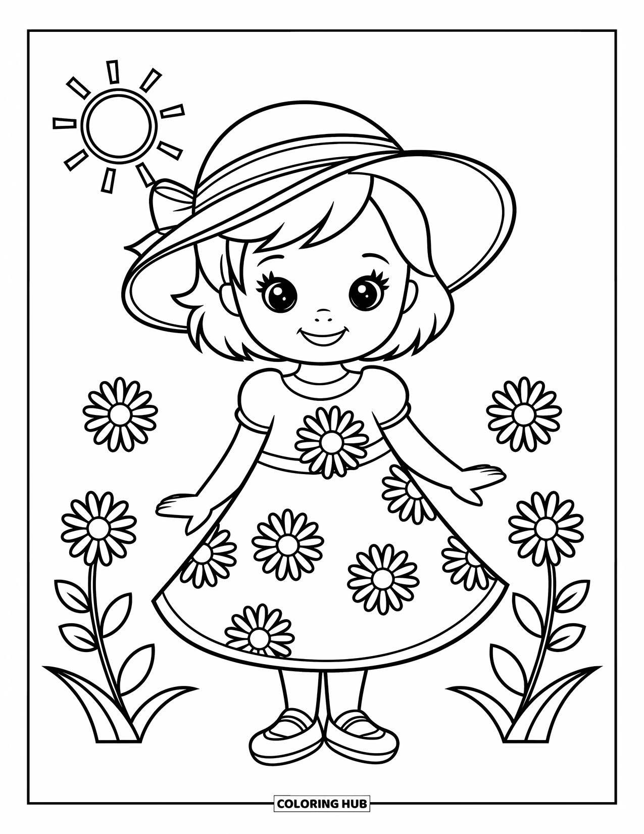 Fashion Dress Coloring Page for Kids: A girl in a daisy dress stands beside a sunhat with a ribbon on a white background
