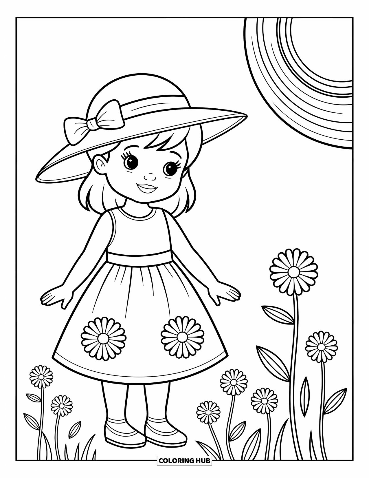 Fashion Dress Coloring Page for Kids: A girl in a daisy summer dress stands beside a sunhat with a ribbon