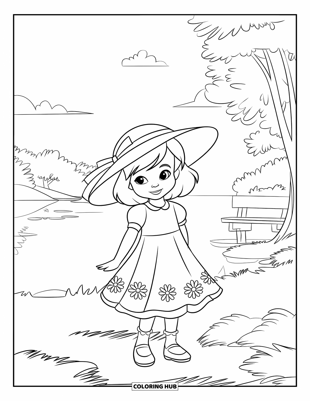 Fashion Dress Coloring Page for Kids: A girl in a daisy summer dress stands by a lake with a sunhat nearby