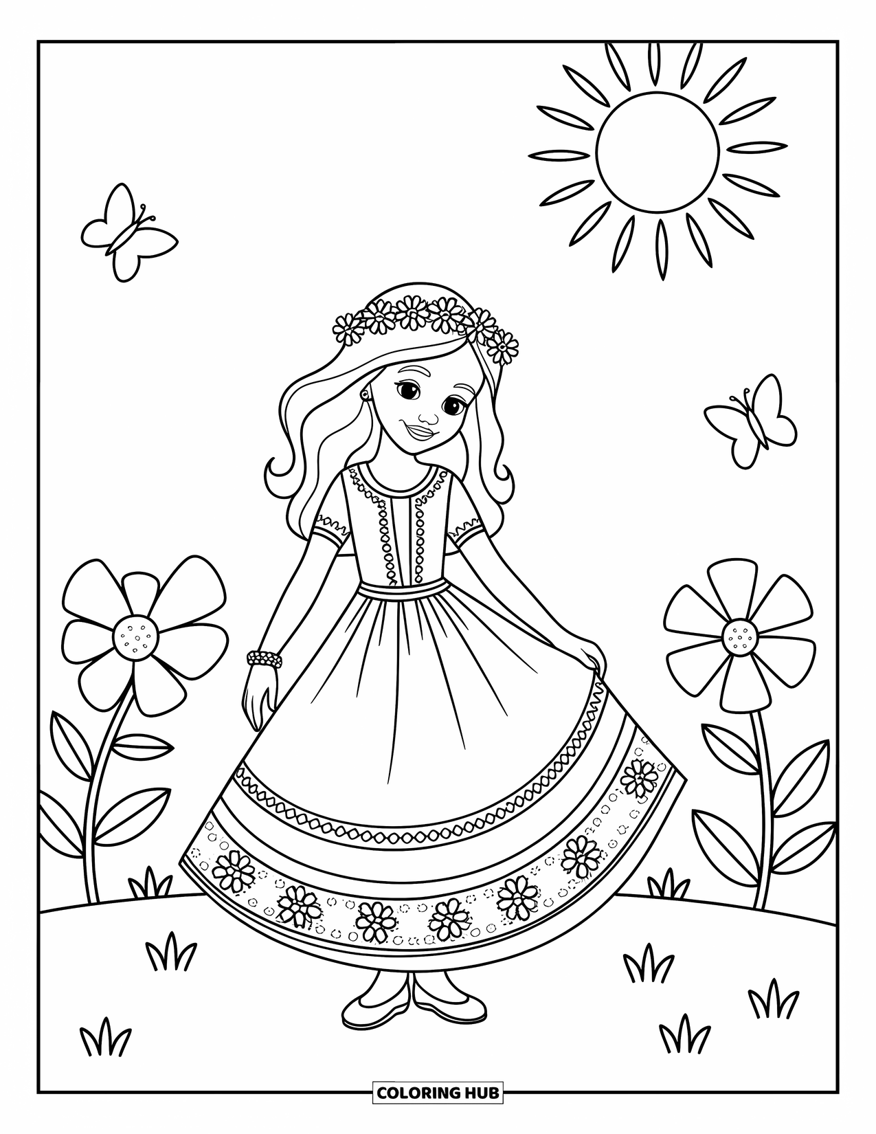 Fashion Dress Coloring Page for Kids: A girl in a dress with a flower crown stands in a garden with flowers and trees