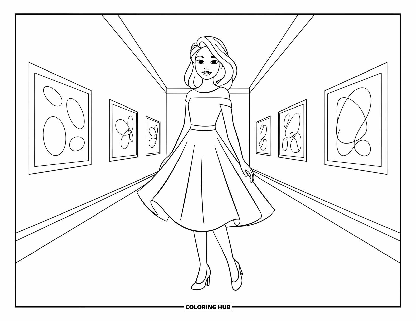 Fashion Dress Coloring Page for Kids: A girl in a dress with patterns stands in an art gallery with abstract art