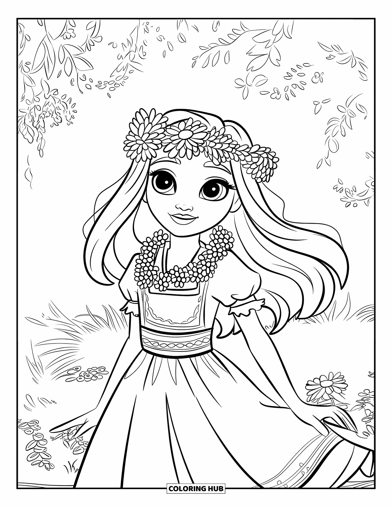 Fashion Dress Coloring Page for Kids: A girl in a festival dress and crown stands among flowers and trees