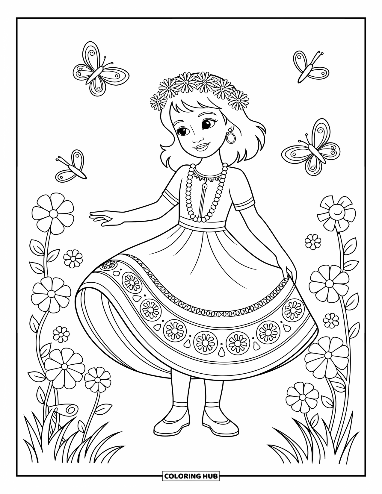 Fashion Dress Coloring Page for Kids: A girl in a festival dress with a flower crown stands gracefully in a blooming garden
