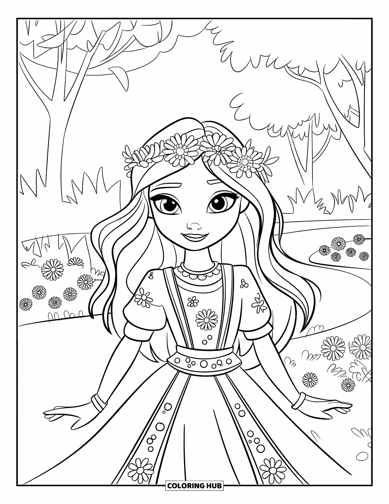 Fashion Dress Coloring Page for Kids: A girl in a festival dress with a flower crown stands in a garden