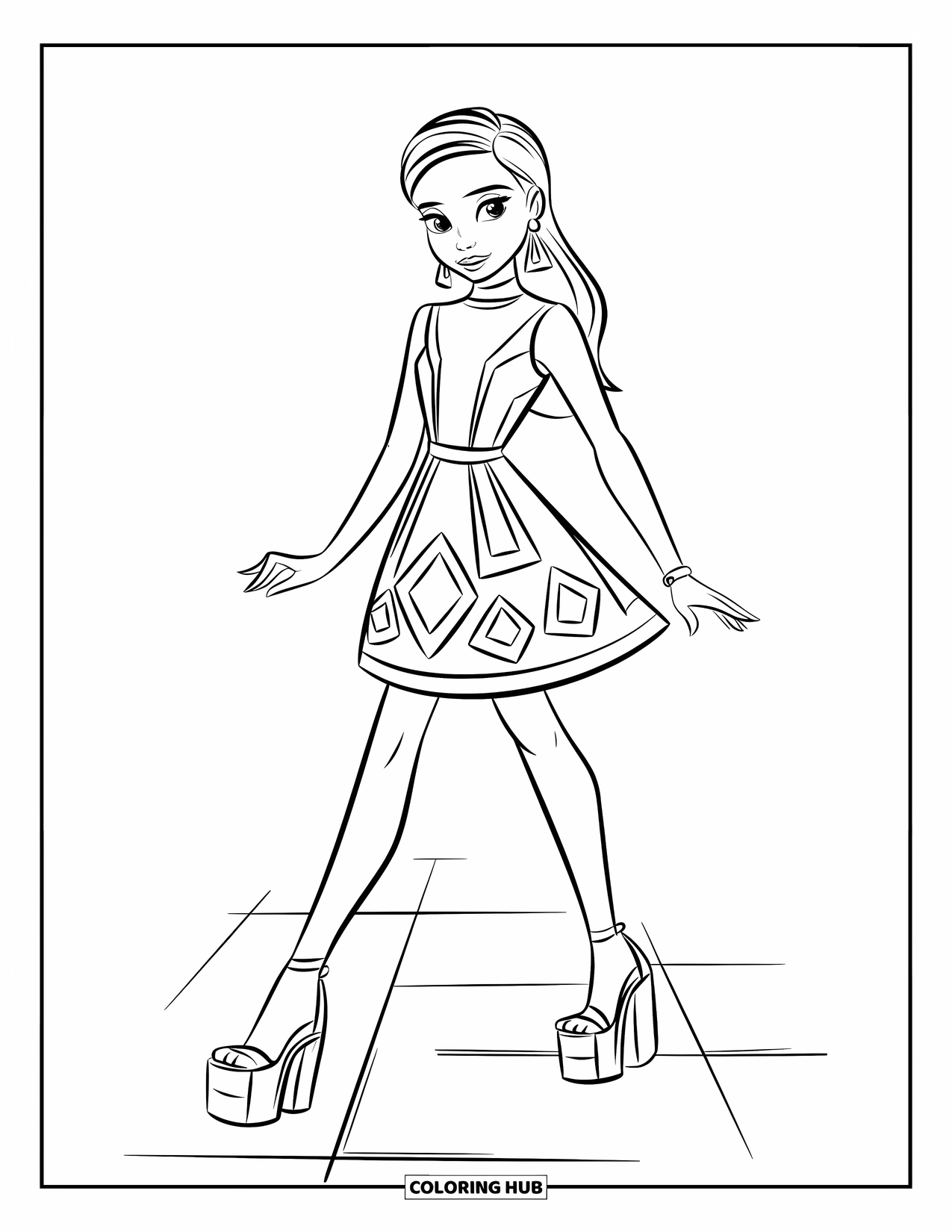 Fashion Dress Coloring Page for Kids: A girl in a fitted dress with cutouts stands on a tile floor