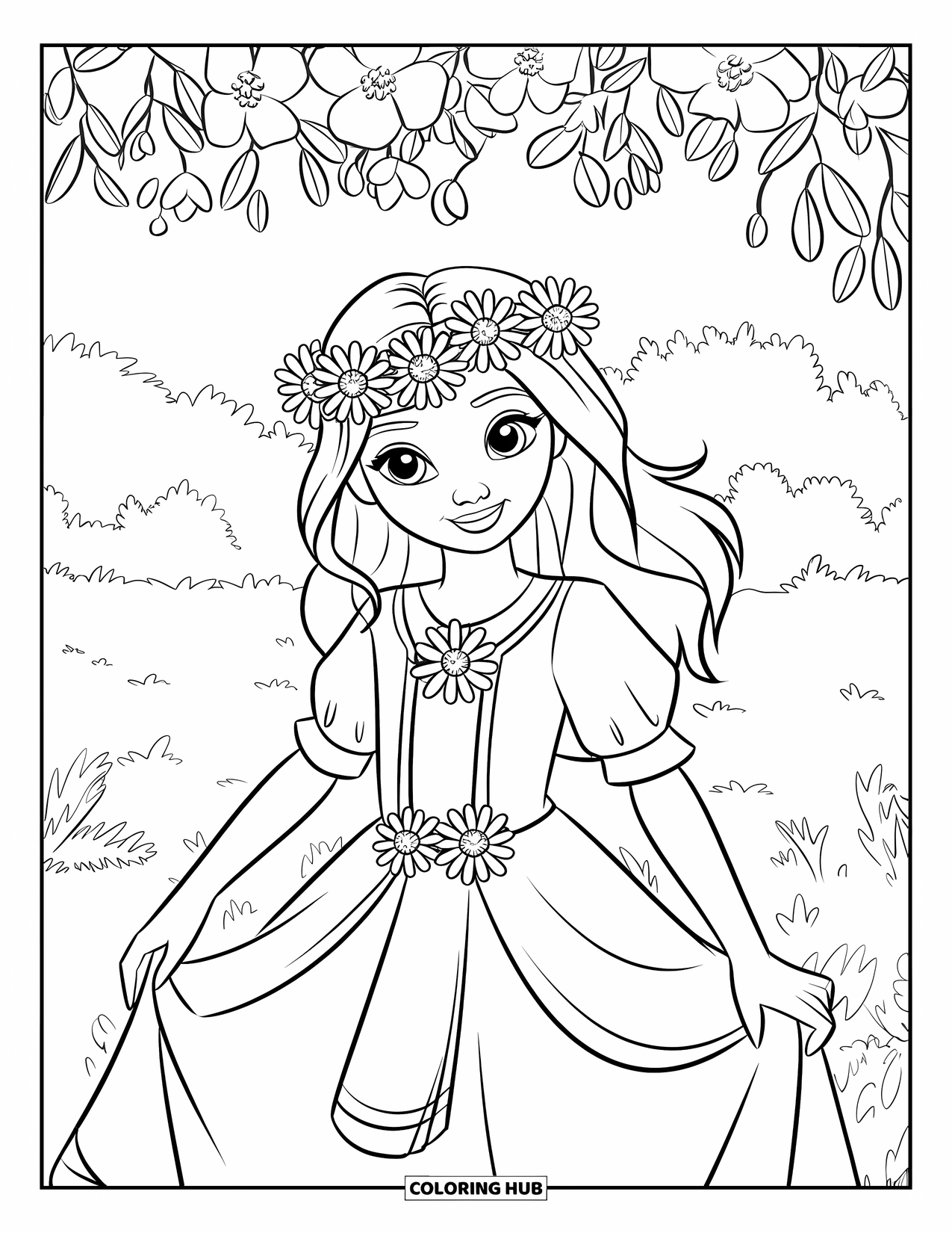 Fashion Dress Coloring Page for Kids: A girl in a floral dress and crown stands in a garden full of flowers