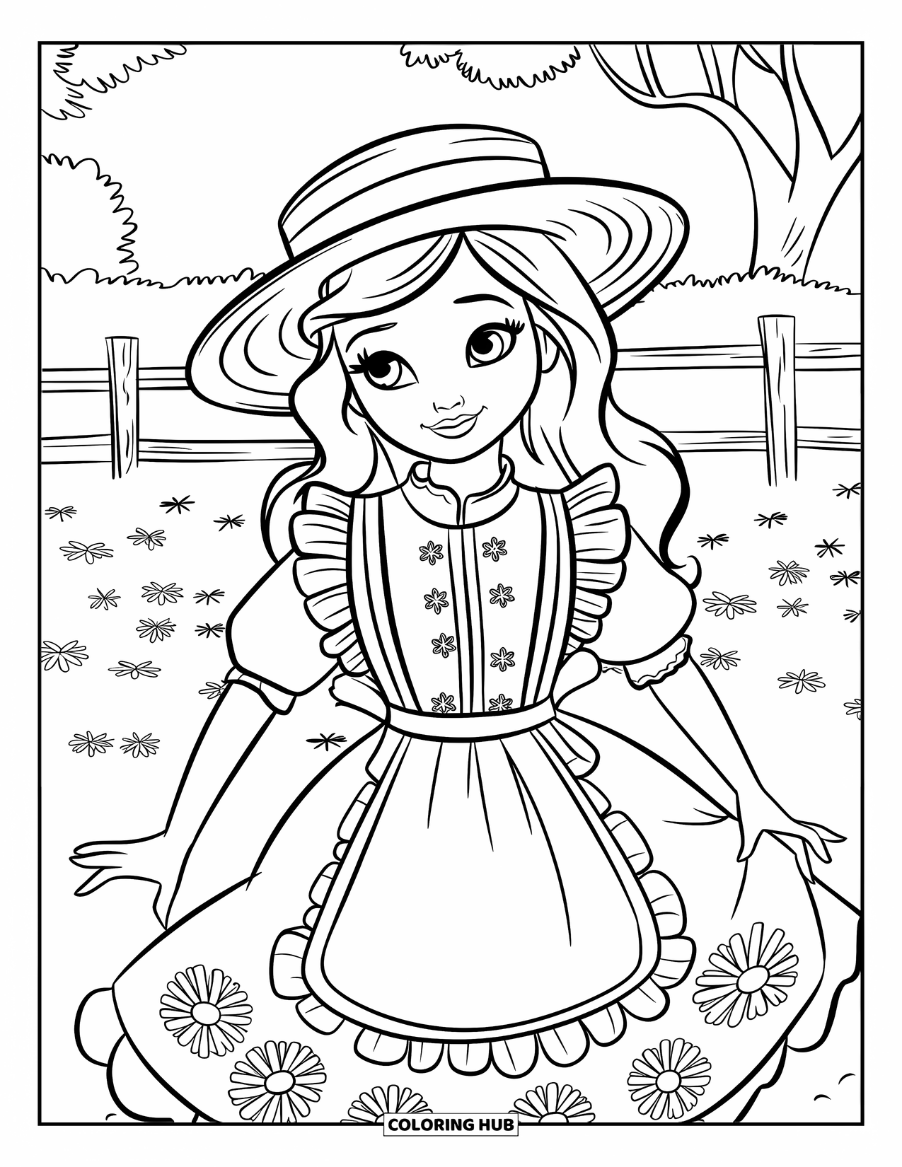 Fashion Dress Coloring Page for Kids: A girl in a floral dress and straw hat stands in a field by a rustic fence