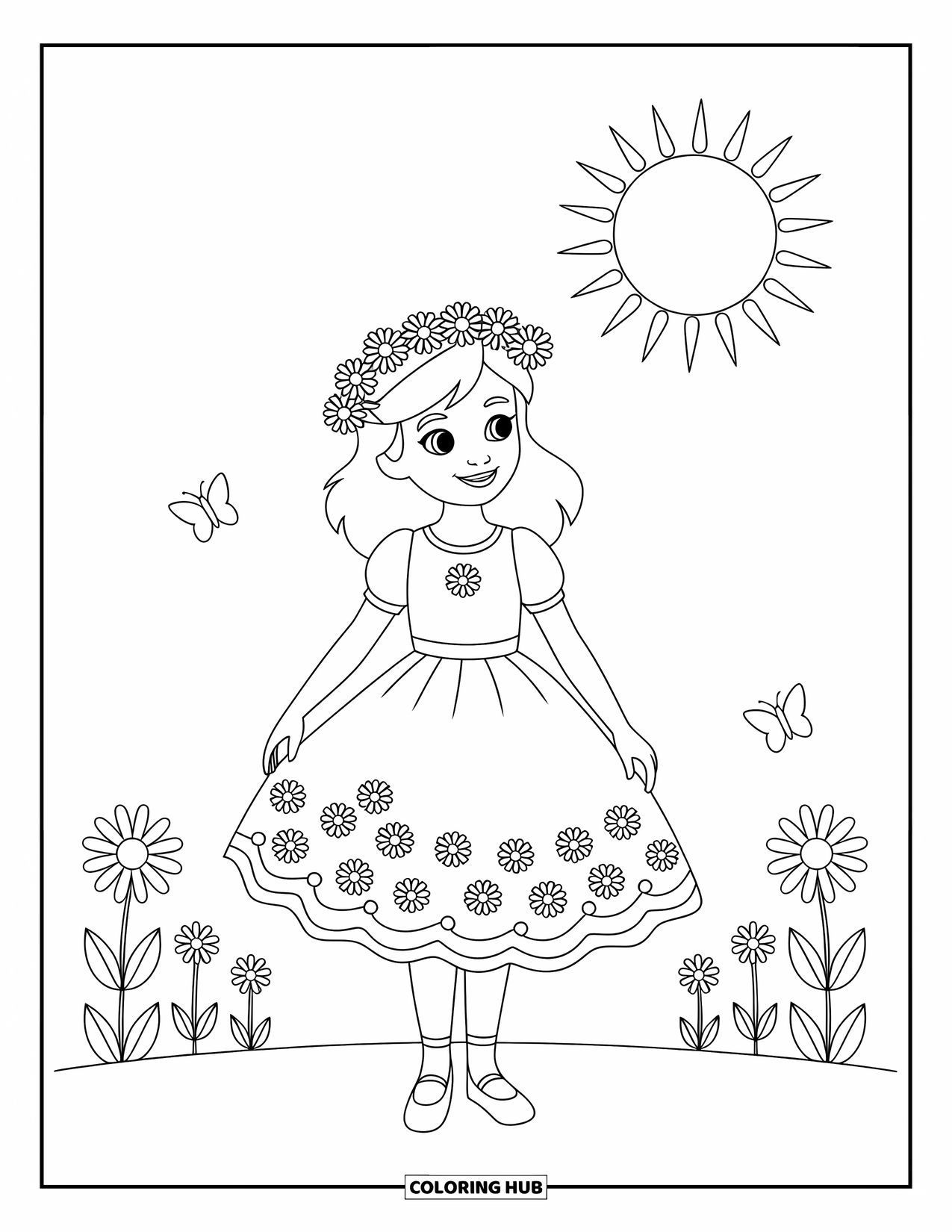 Fashion Dress Coloring Page for Kids: A girl in a floral festival dress with a crown stands in a garden with butterflies