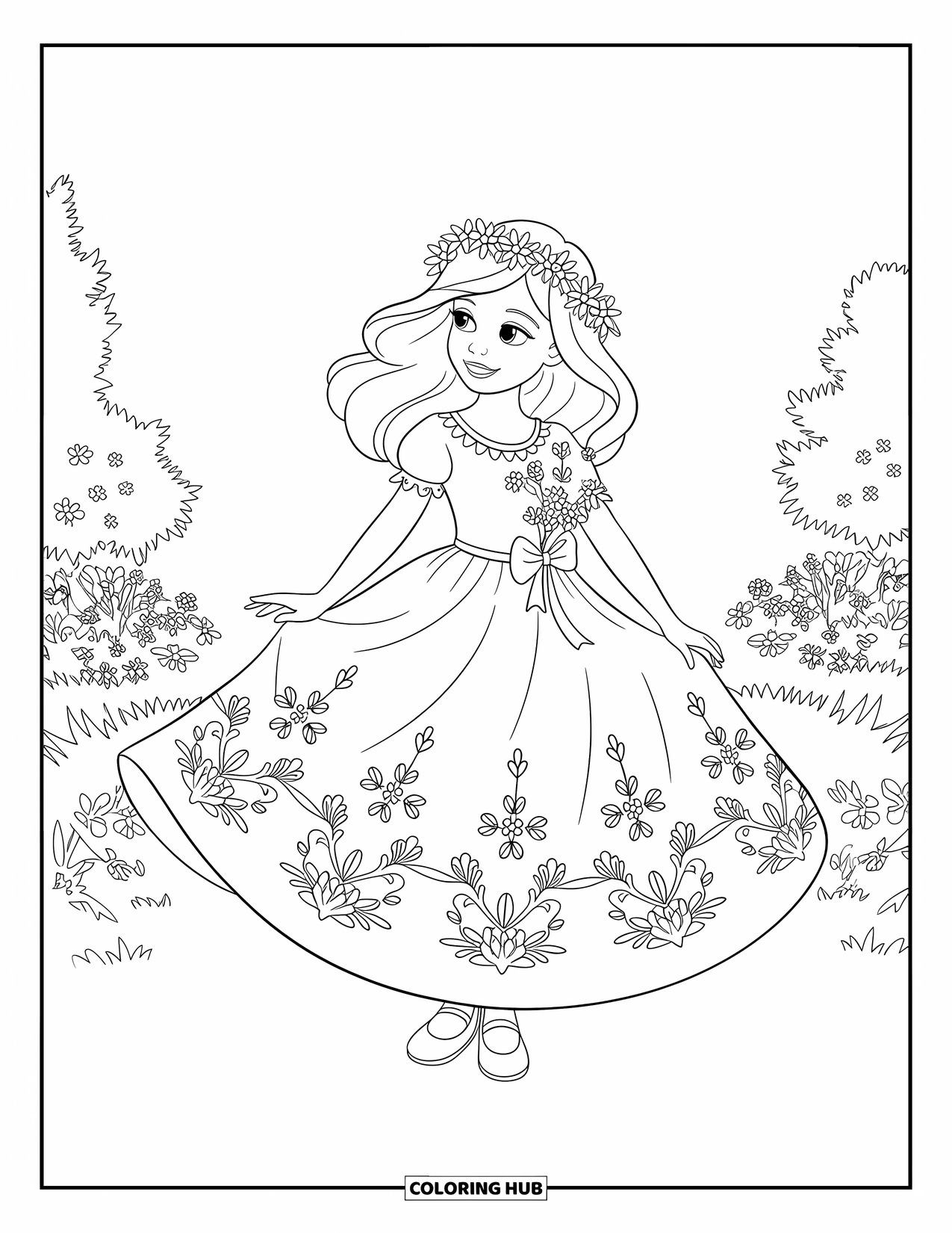 Fashion Dress Coloring Page for Kids: A girl in a flower crown and festival dress stands among flowers and butterflies