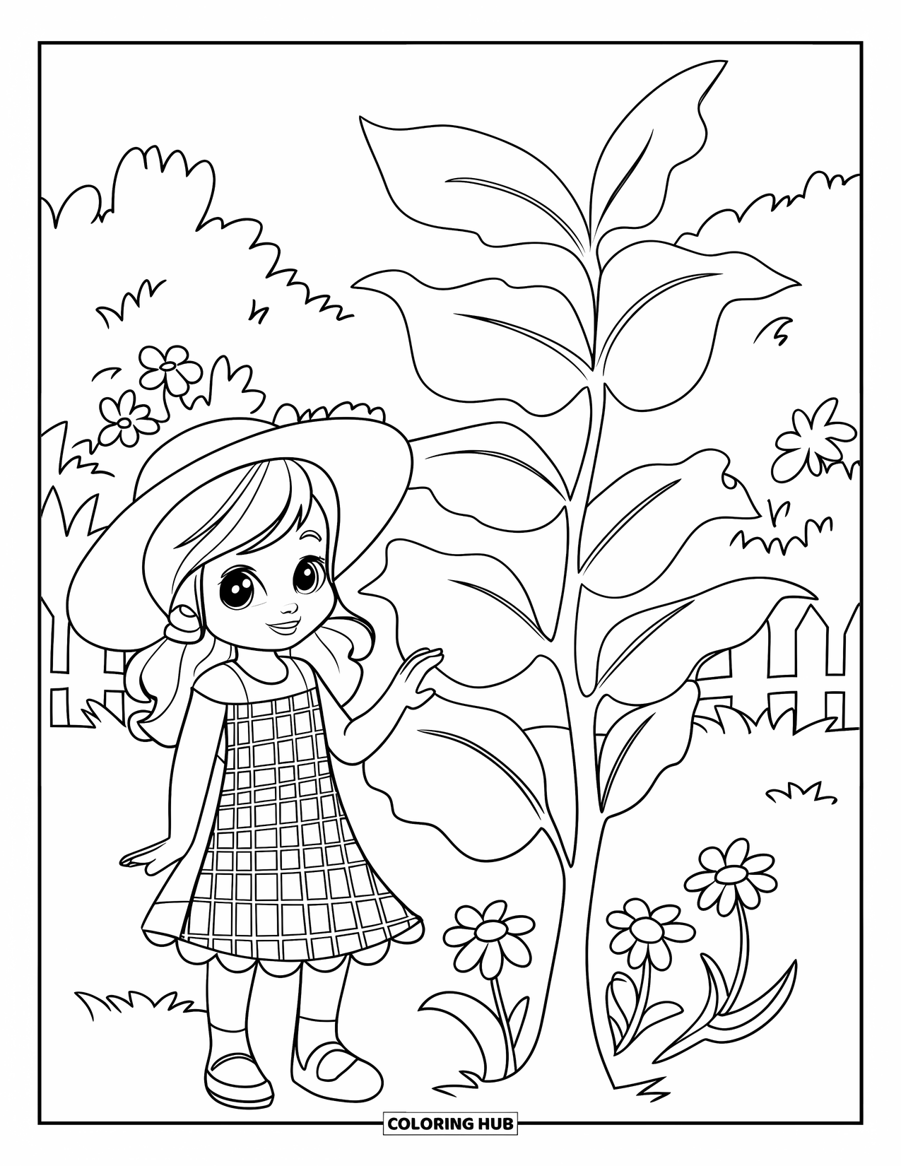 Fashion Dress Coloring Page for Kids: A girl in a gingham dress and sunhat stands by flowers in a garden