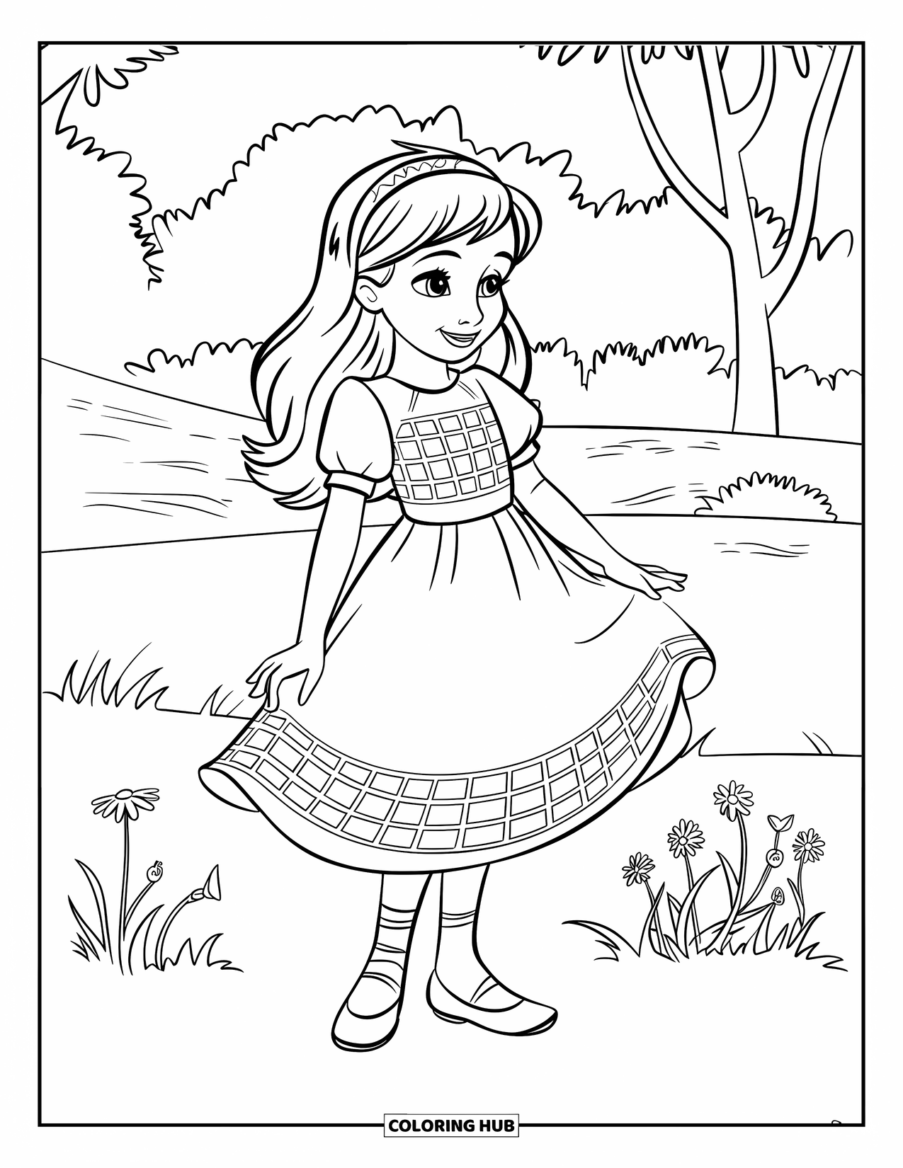 Fashion Dress Coloring Page for Kids: A girl in a gingham dress stands by a fence in a grassy field with flowers