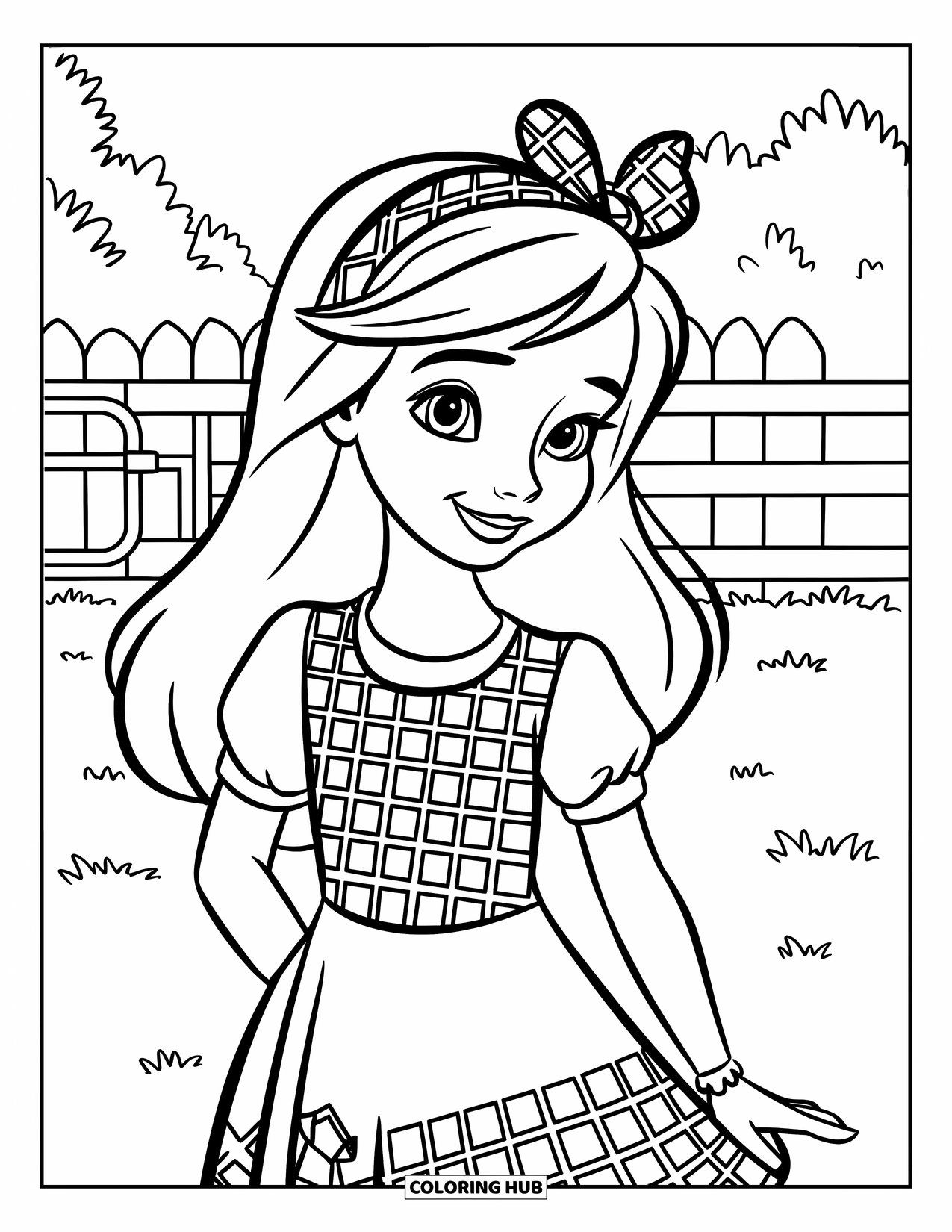 Fashion Dress Coloring Page for Kids: A girl in a gingham dress with a headband stands on grass by a picket fence