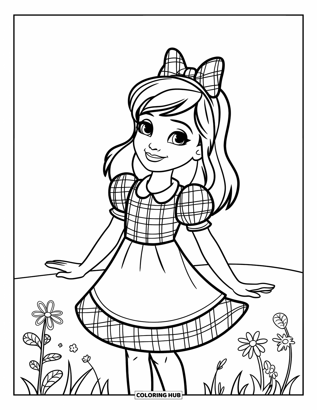 Fashion Dress Coloring Page for Kids: A girl in a gingham dress with puff sleeves stands on a field with flowers