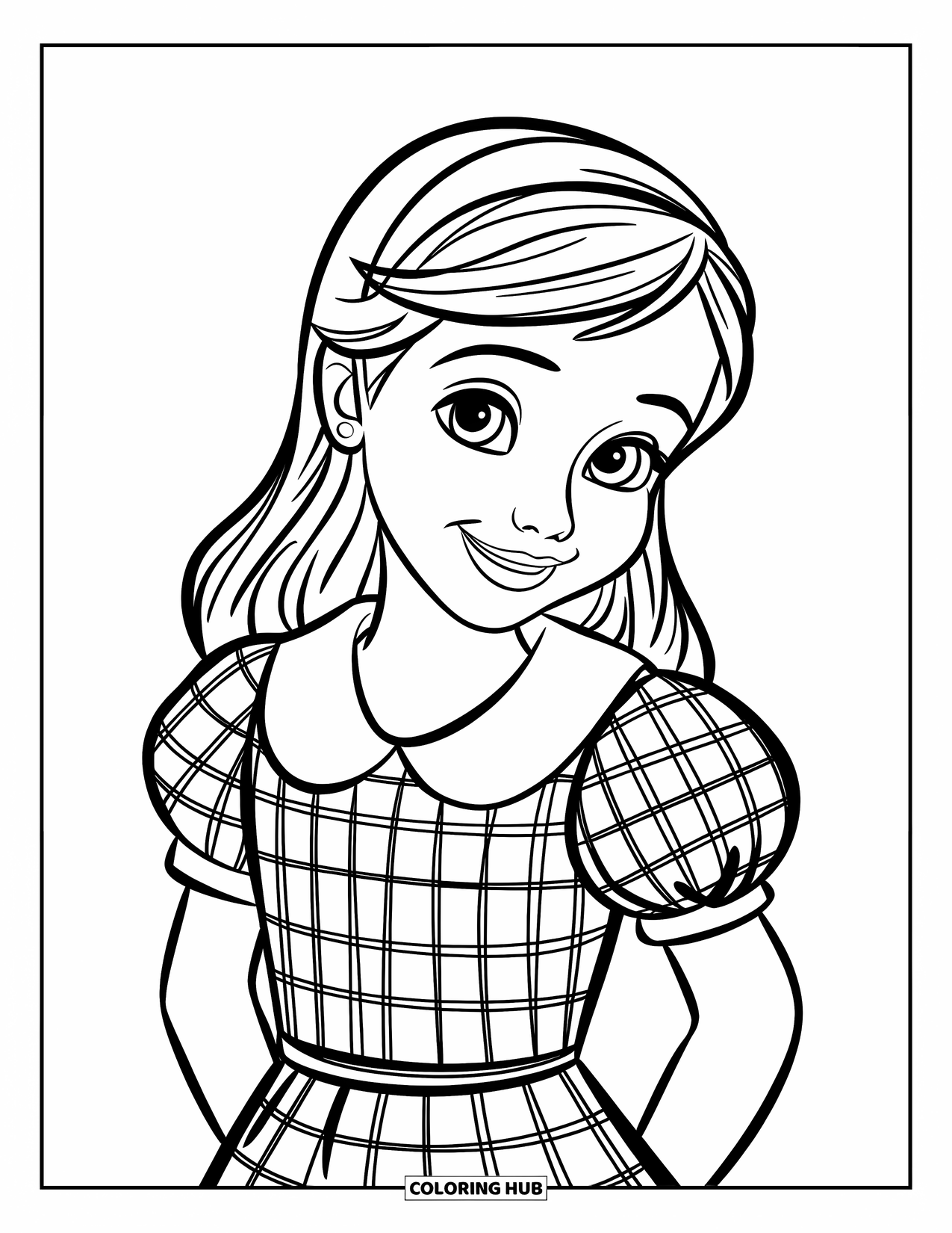 Fashion Dress Coloring Page for Kids: A girl in a gingham dress with puff sleeves stands under a sky with clouds