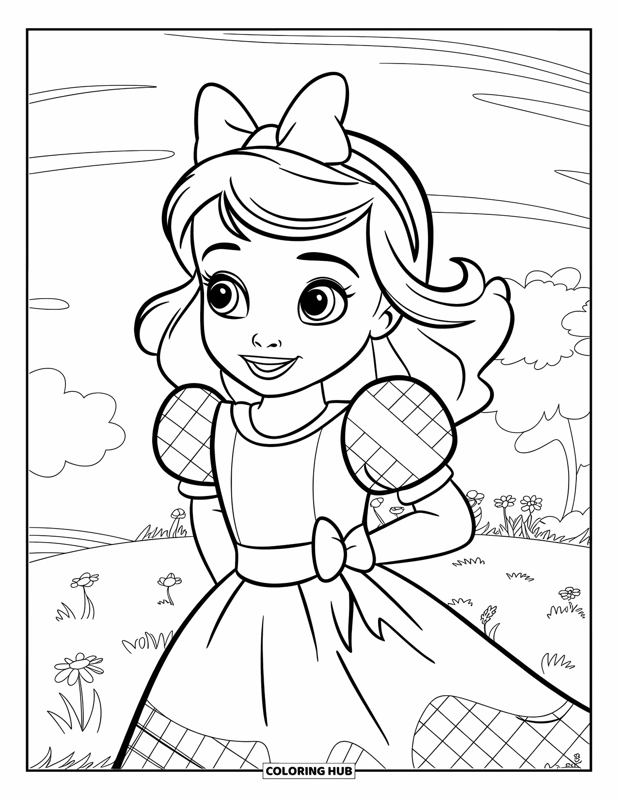Fashion Dress Coloring Page for Kids: A girl in a gingham puff-sleeve dress stands on grass with flowers