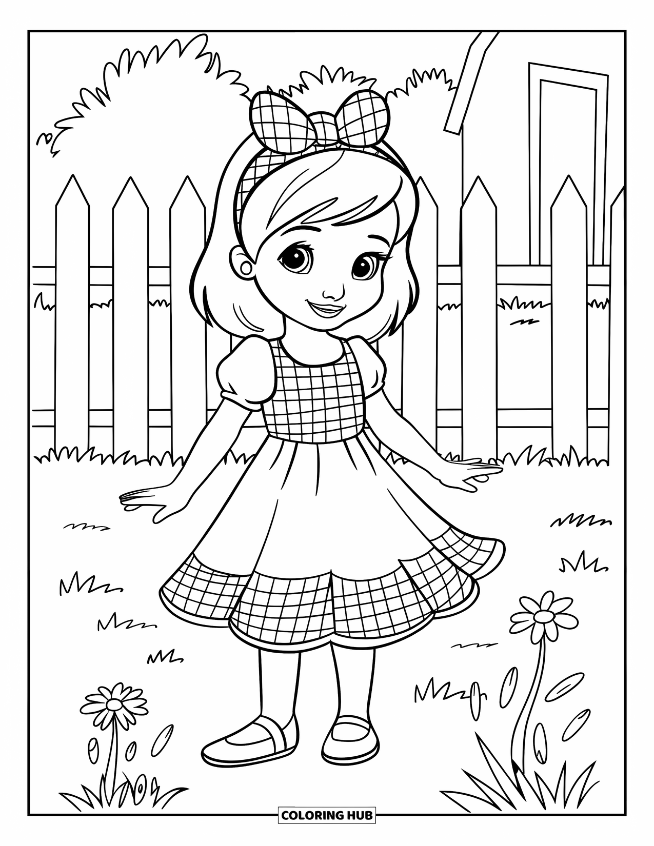 Fashion Dress Coloring Page for Kids: A girl in a gingham sundress and headband stands on a grassy field