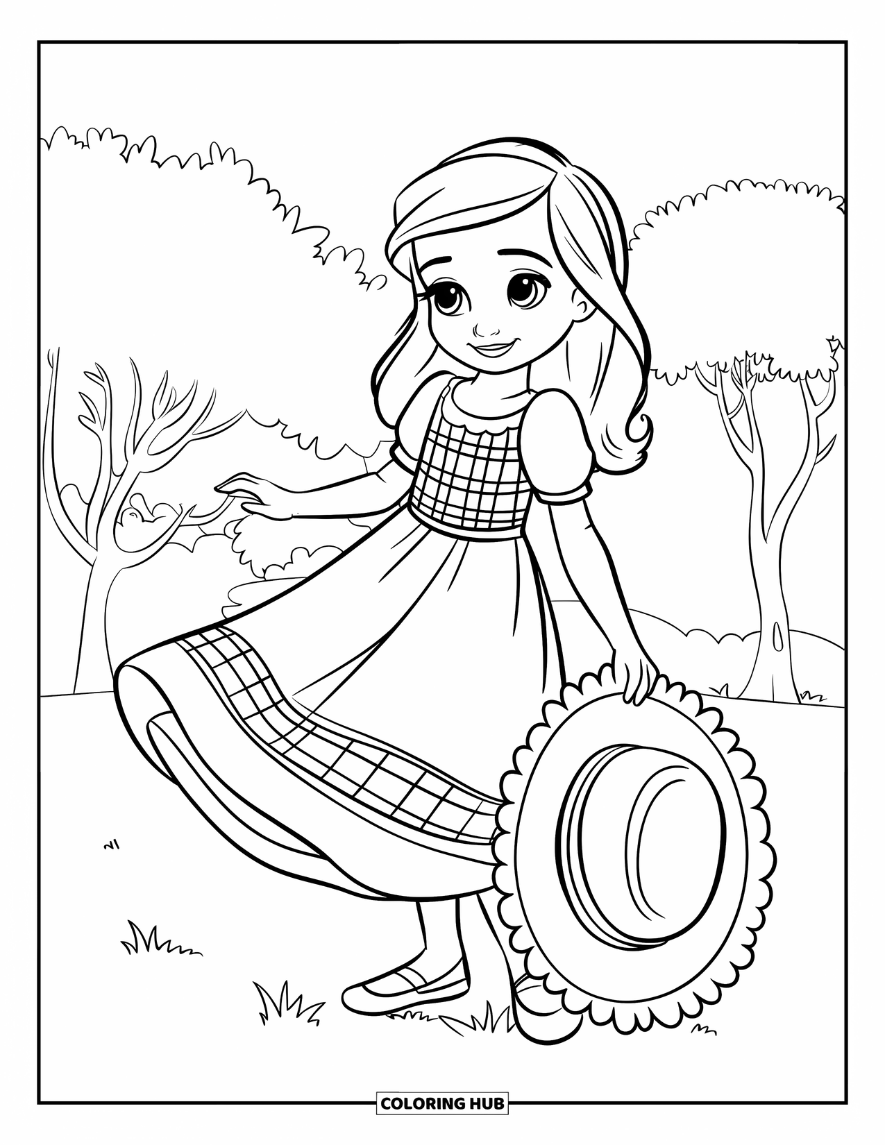 Fashion Dress Coloring Page for Kids: A girl in a gingham sundress and sunhat stands on a grassy field