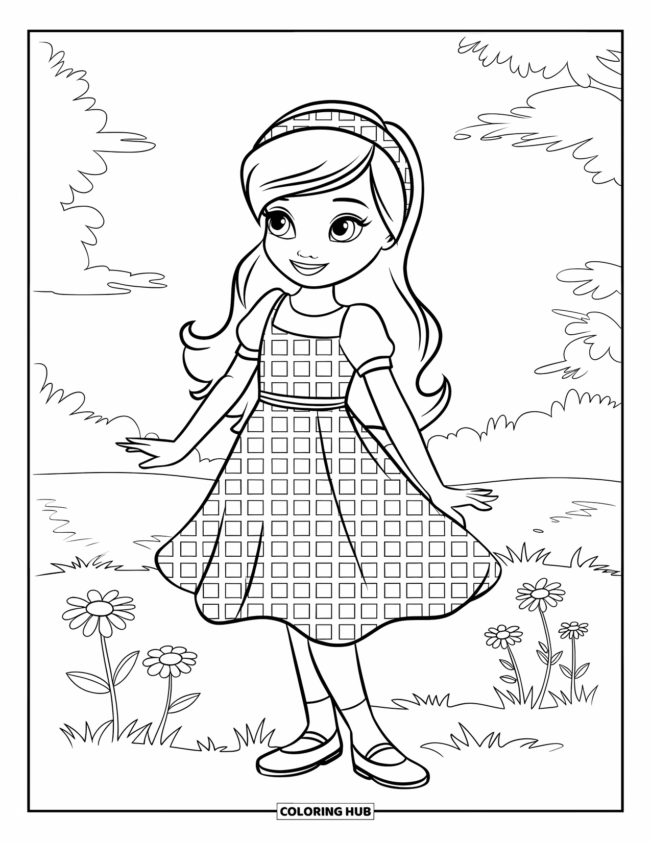 Fashion Dress Coloring Page for Kids: A girl in a gingham sundress stands on grass by a red barn and fence