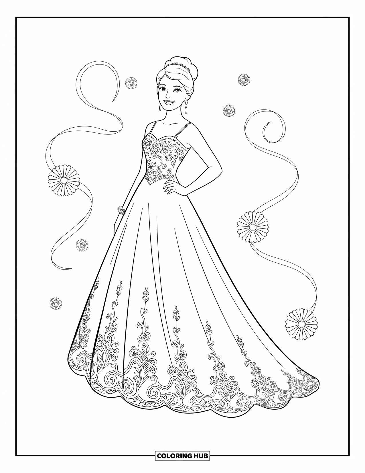 Fashion Dress Coloring Page for Kids: A girl in a gown stands elegantly at prom night under chandeliers