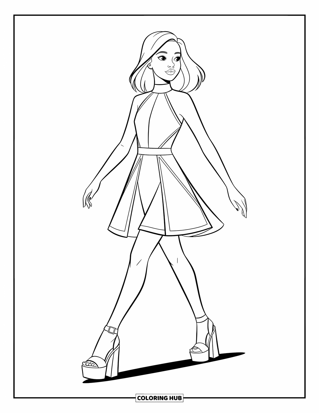 Fashion Dress Coloring Page for Kids: A girl in a high-neck dress with cutouts stands confidently on a white stage