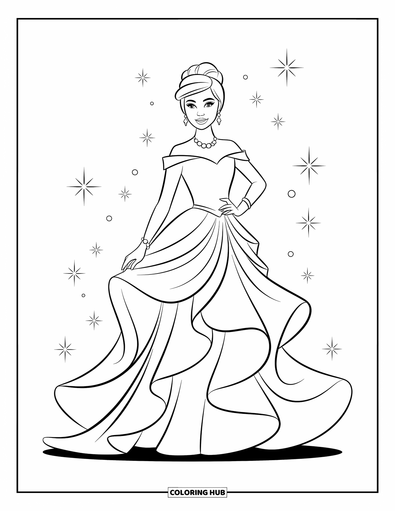 Fashion Dress Coloring Page for Kids: A girl in a lace gown stands gracefully at prom night in a ballroom