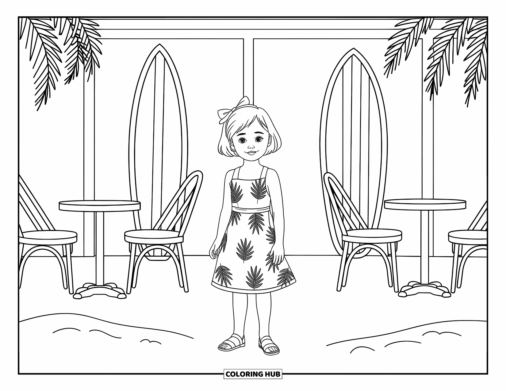 Fashion Dress Coloring Page for Kids: A girl in a palm leaf dress stands by a café with surfboards and ocean views
