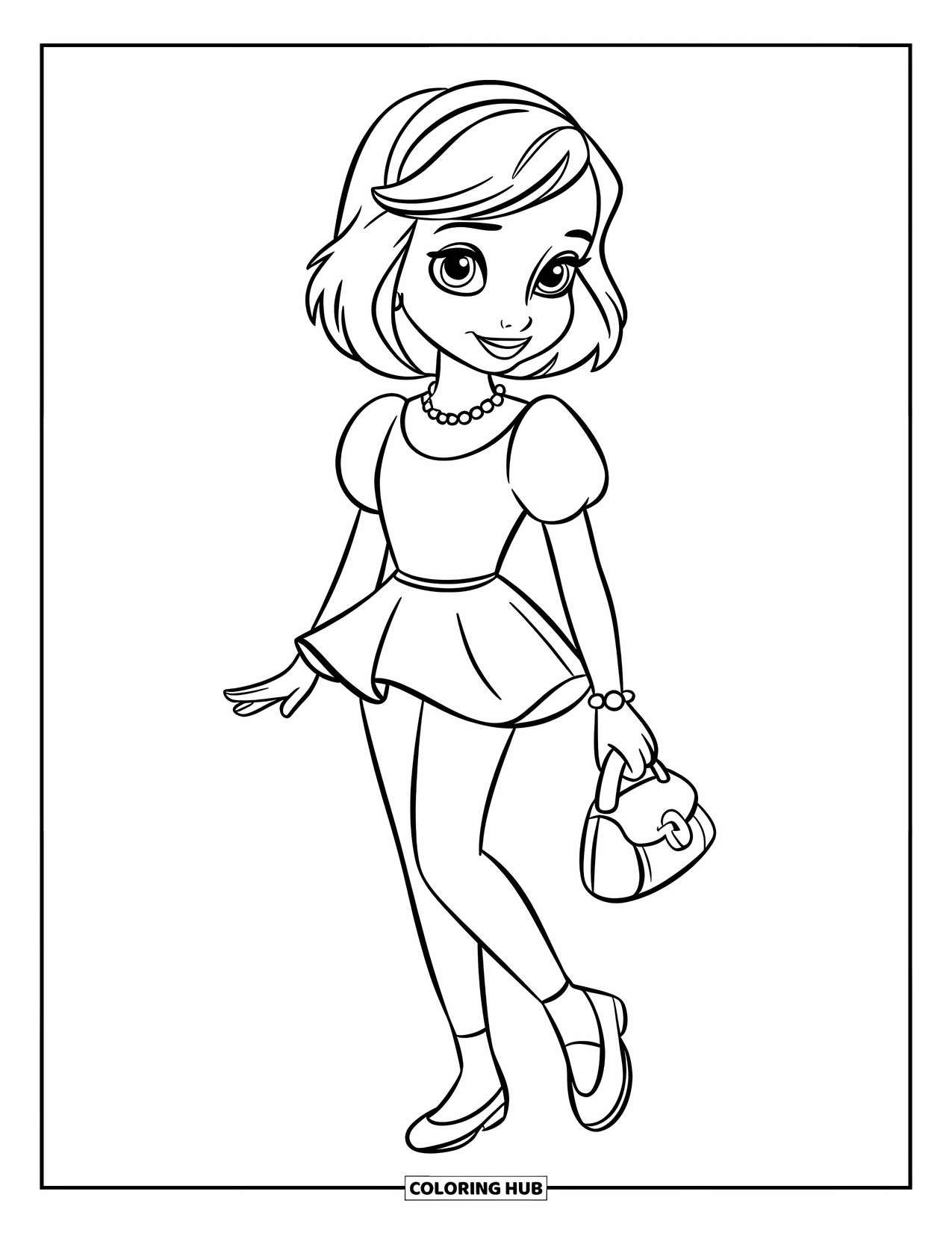 Fashion Dress Coloring Page for Kids: A girl in a peplum dress and pearl necklace stands in a field with flowers