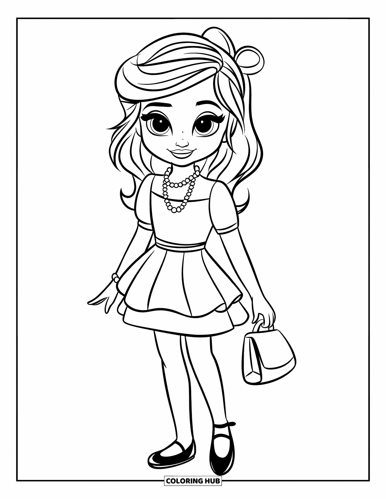 Fashion Dress Coloring Page for Kids: A girl in a peplum dress with a pearl necklace holds a handbag gracefully