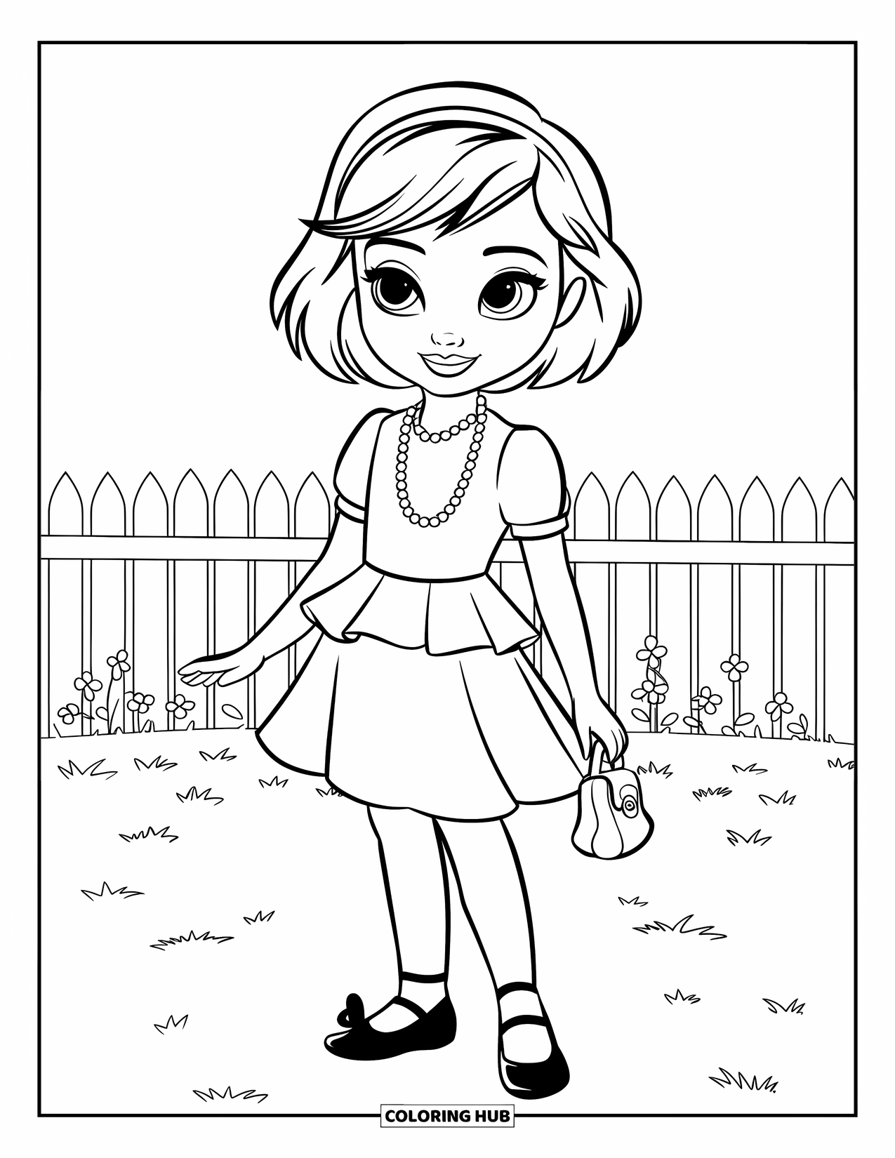 Fashion Dress Coloring Page for Kids: A girl in a peplum dress with pearls stands on grass by a white picket fence