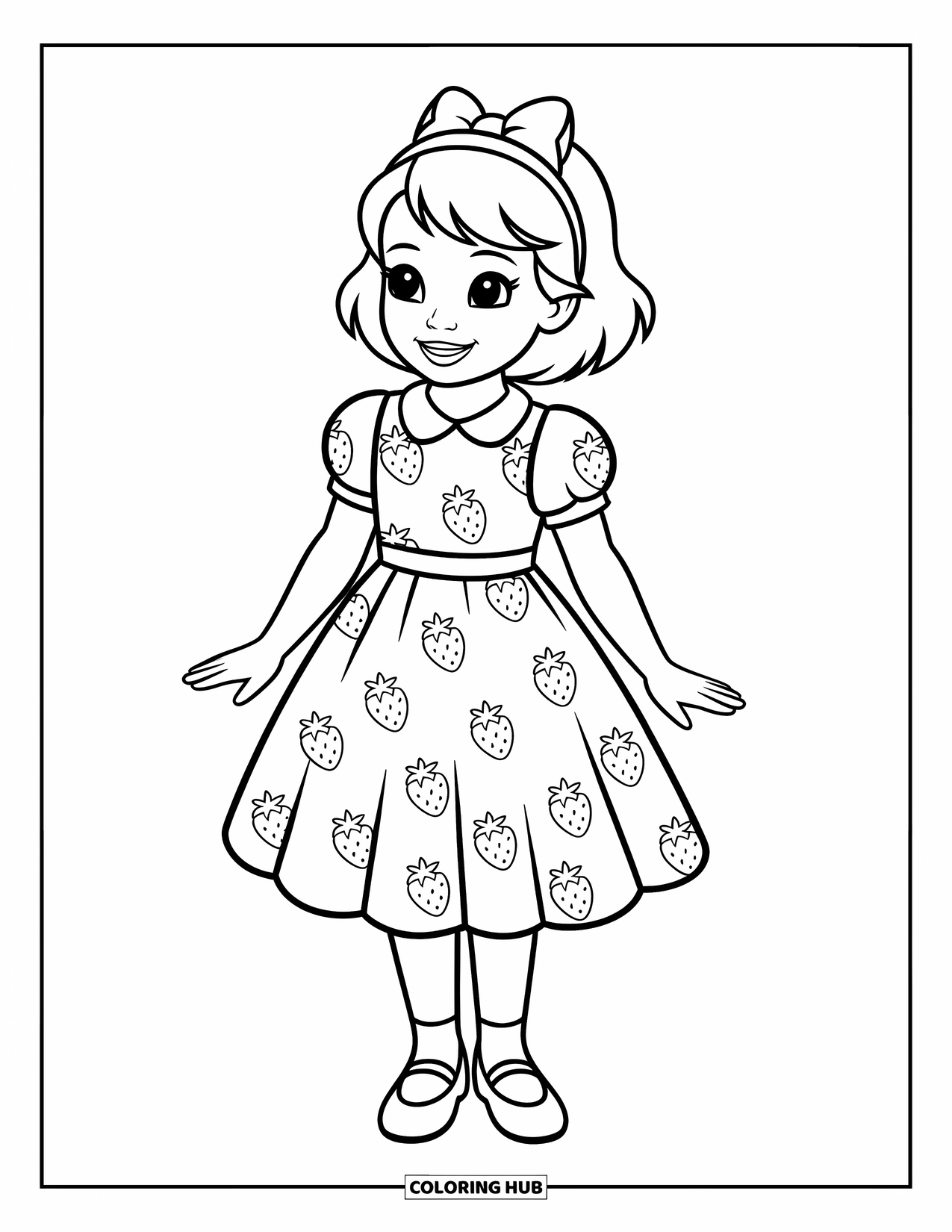 Fashion Dress Coloring Page for Kids: A girl in a pinafore dress with strawberry patterns stands cheerfully on a white background