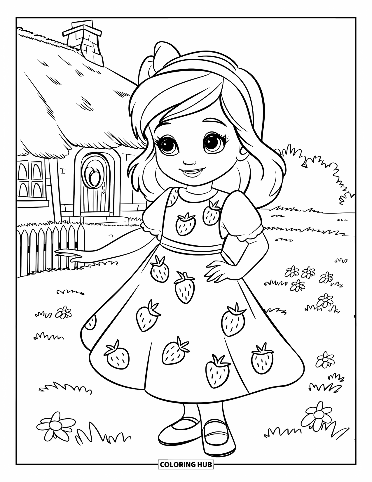 Fashion Dress Coloring Page for Kids: A girl in a pinafore dress with strawberry patterns stands on a grassy field