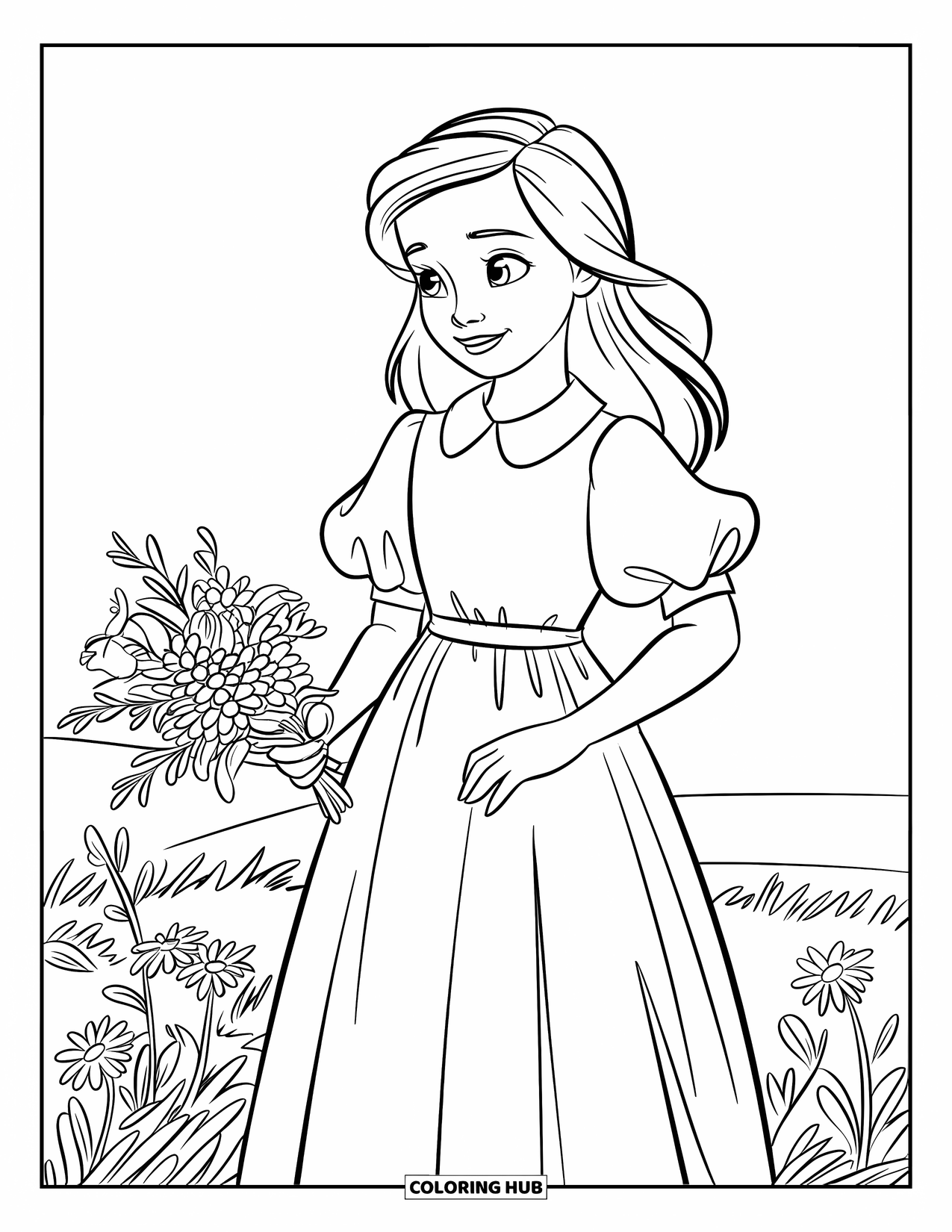 Fashion Dress Coloring Page for Kids: A girl in a prairie dress stands in a field with wildflowers and hills