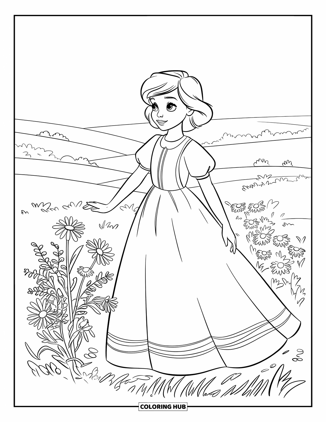Fashion Dress Coloring Page for Kids: A girl in a prairie dress with puff sleeves holds wildflowers in a field