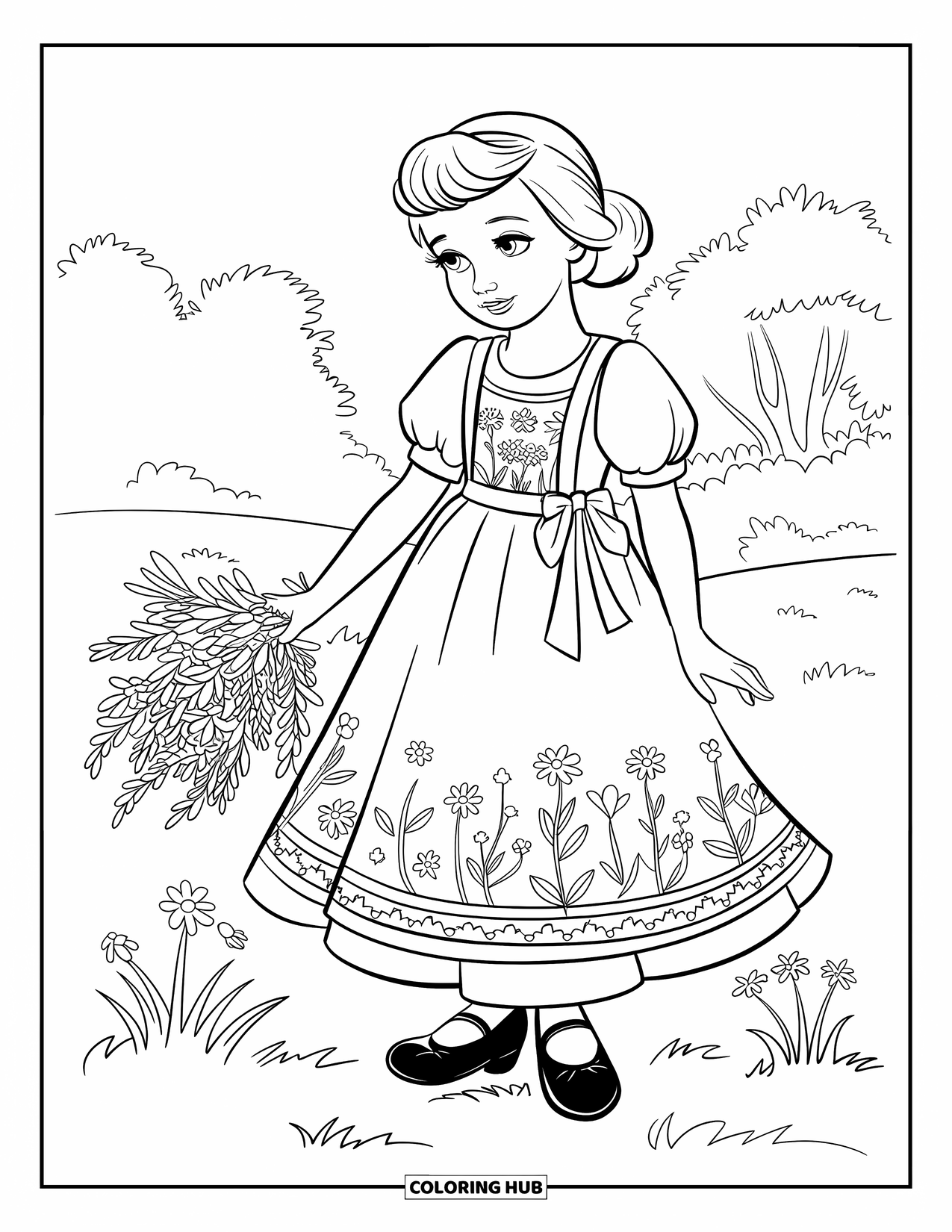 Fashion Dress Coloring Page for Kids: A girl in a prairie dress with puff sleeves stands smiling among wildflowers