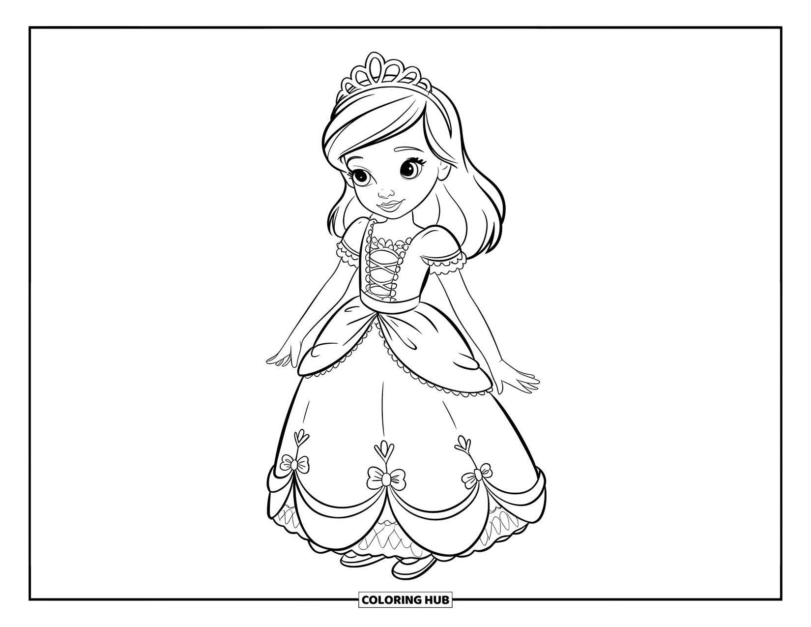 Fashion Dress Coloring Page for Kids: A girl in a princess dress and tiara stands straight with a simple background