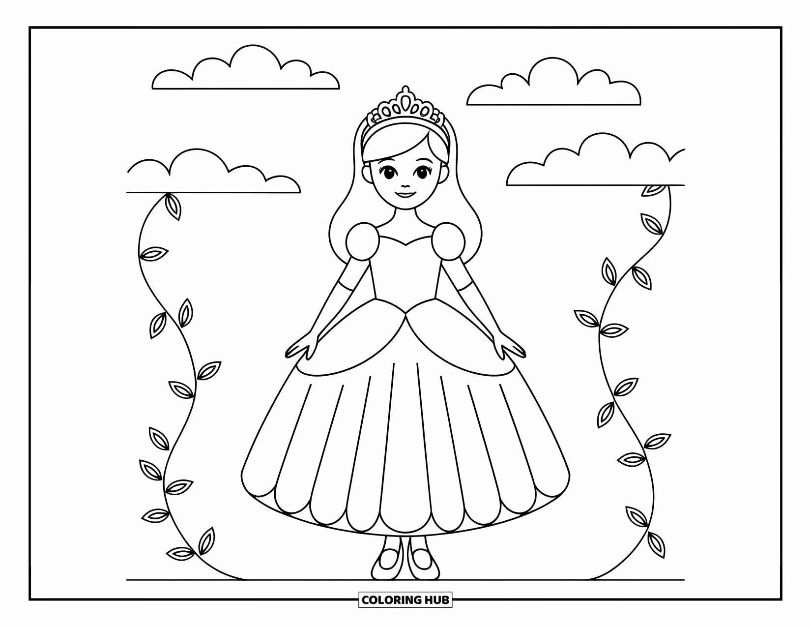 Fashion Dress Coloring Page for Kids: A girl in a princess dress with a tiara stands with clouds and vines behind her