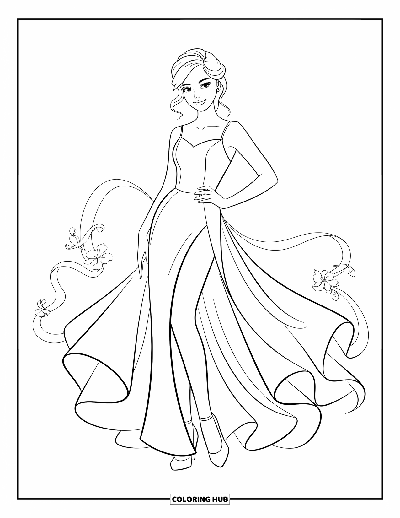 Fashion Dress Coloring Page for Kids: A girl in a prom gown stands under chandeliers in a ballroom with stairs