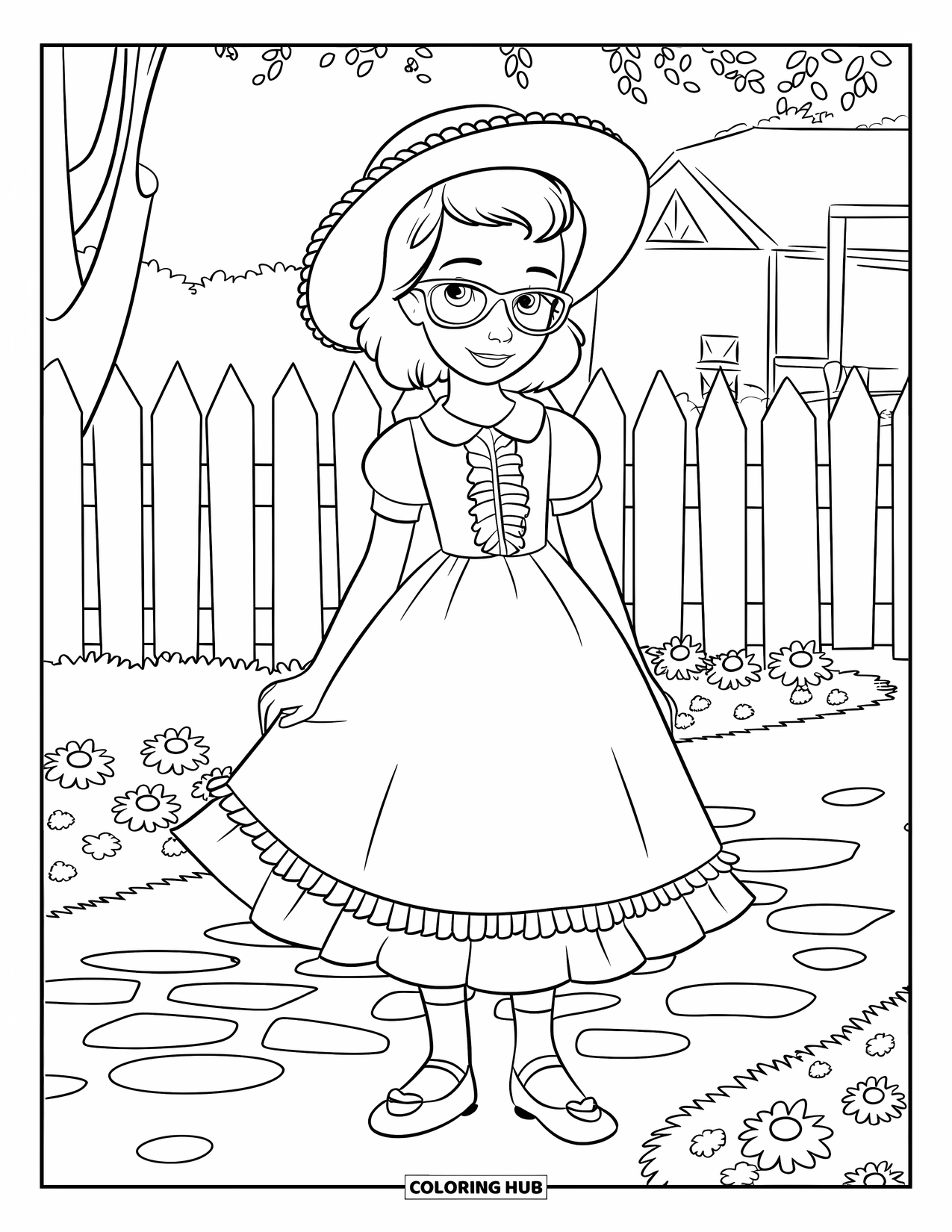 Fashion Dress Coloring Page for Kids: A girl in a ruffled dress and straw hat stands by a cottage in a field