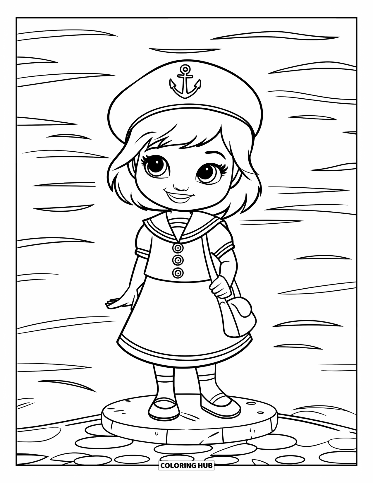 Fashion Dress Coloring Page for Kids: A girl in a sailor dress with an anchor emblem stands by waves and water