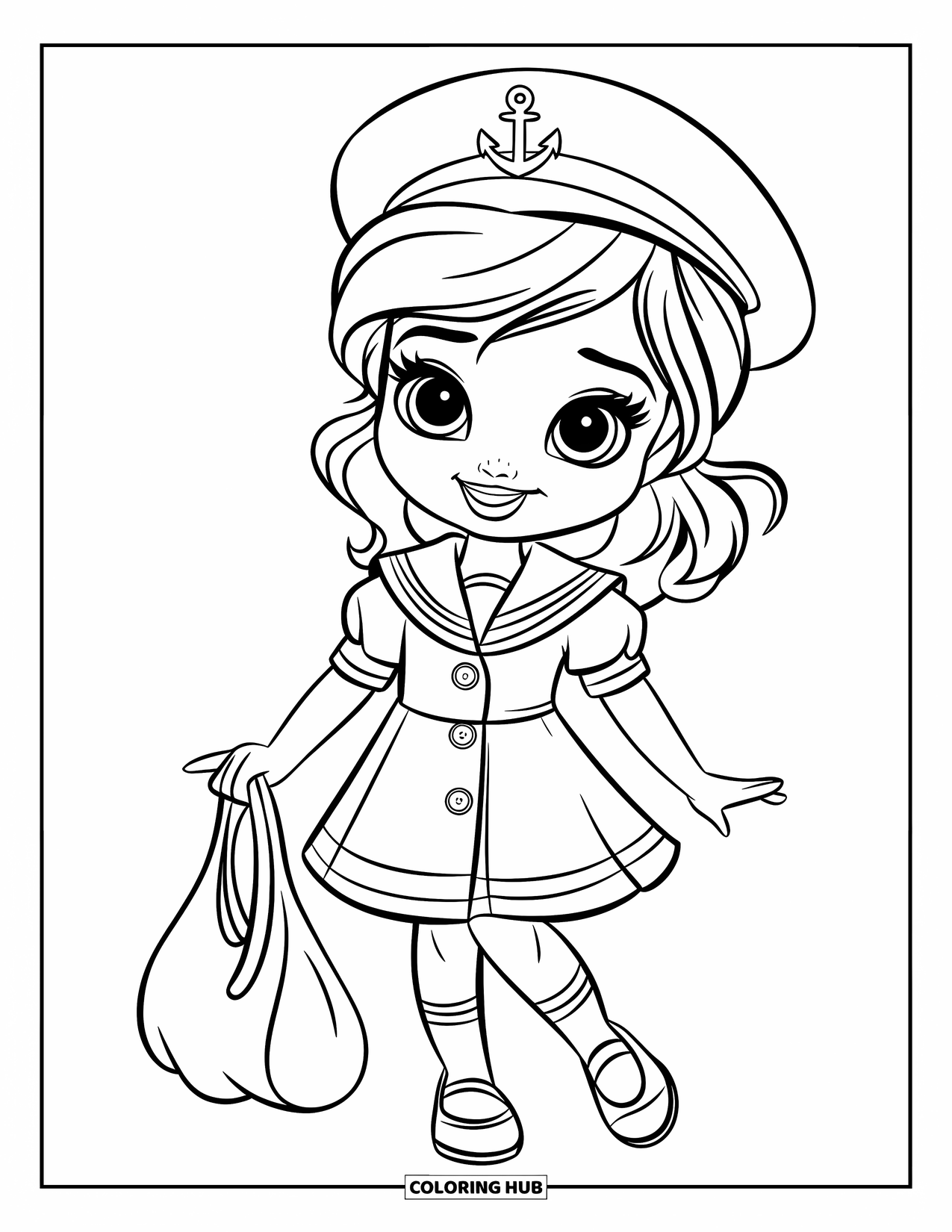 Fashion Dress Coloring Page for Kids: A girl in a sailor dress with an anchor stands smiling with a simple bag